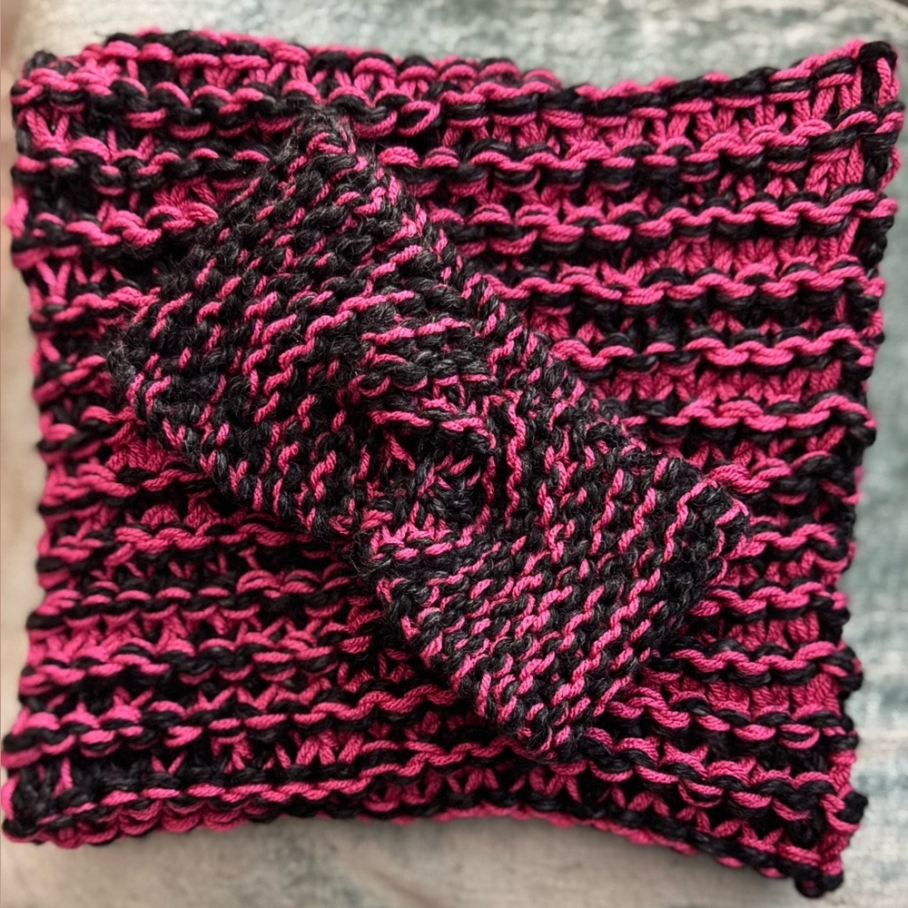 Handmade Hand Crafted Knit Twist Headband cowl set pink and black - Picture 2 of 4